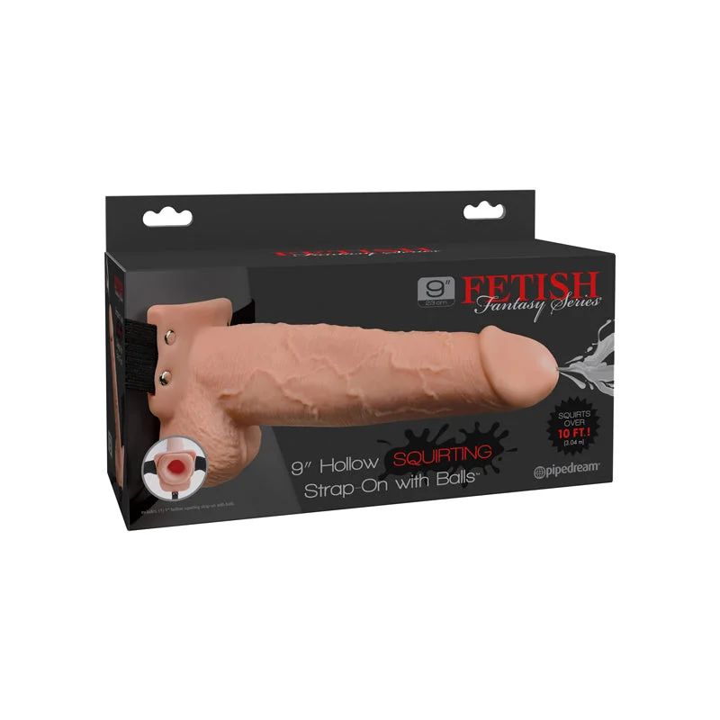 Pipedream Fetish Fantasy Series 9 in. Hollow Squirting Strap-On With Balls Beige/Black