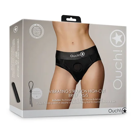 Shots Ouch Vibrating Strap On High-Cut Brief - Black XS/S