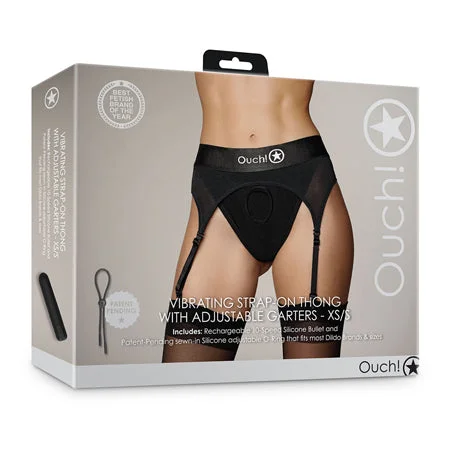 Shots Ouch Vibrating Strap On Thong w/Adjustable Garters - Black XS/S