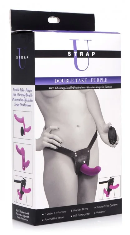 Strap U Double Take Double Penetration Vibrating Strap On Harness - Purple