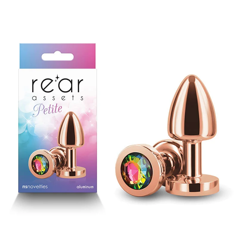 Rear Assets Petite - Rose Gold with Rainbow Gem - Rose Gold 6 cm Metal Butt Plug with Rainbow Round Gem Base